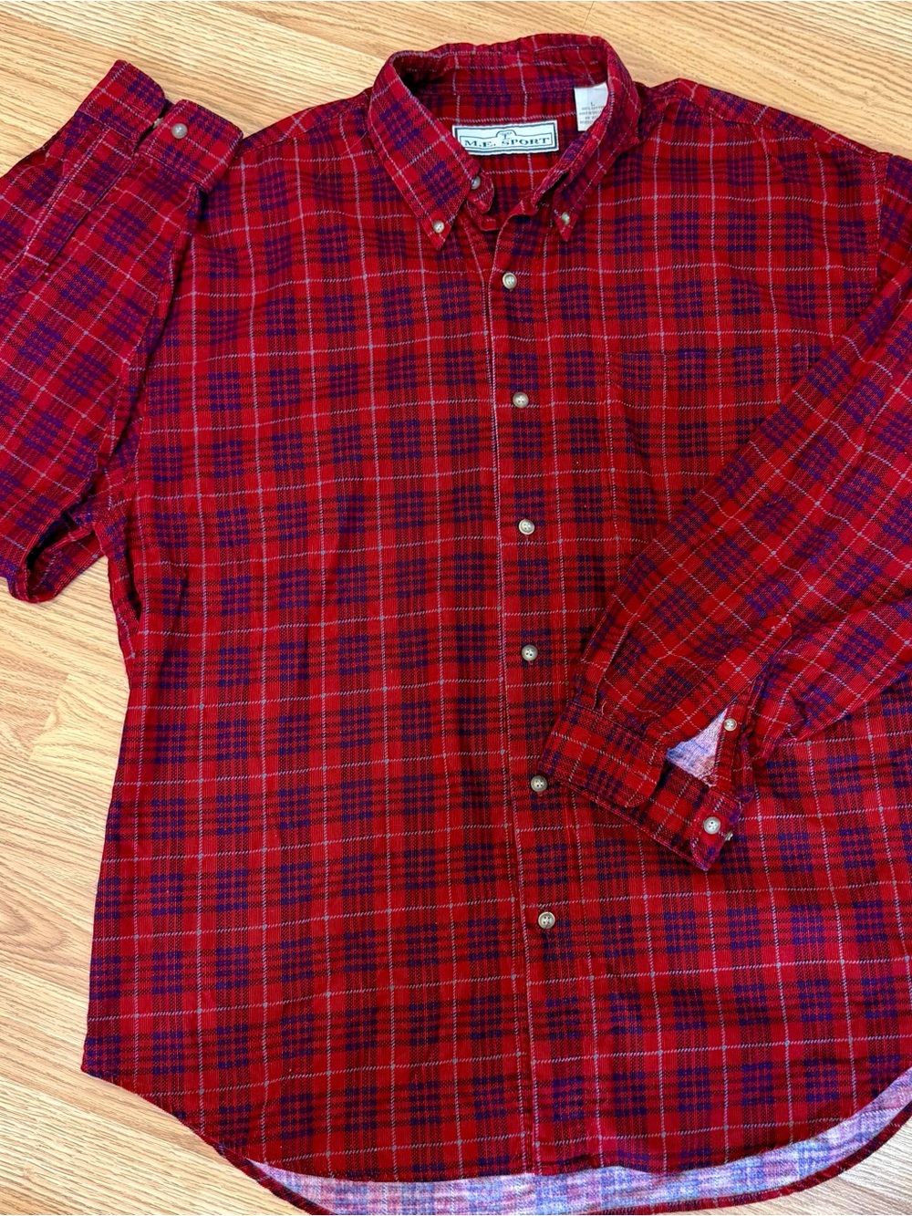 M.E. Sport Vintage Men's Large Red Blue Plaid Corduroy Button Down Shirt Cotton
